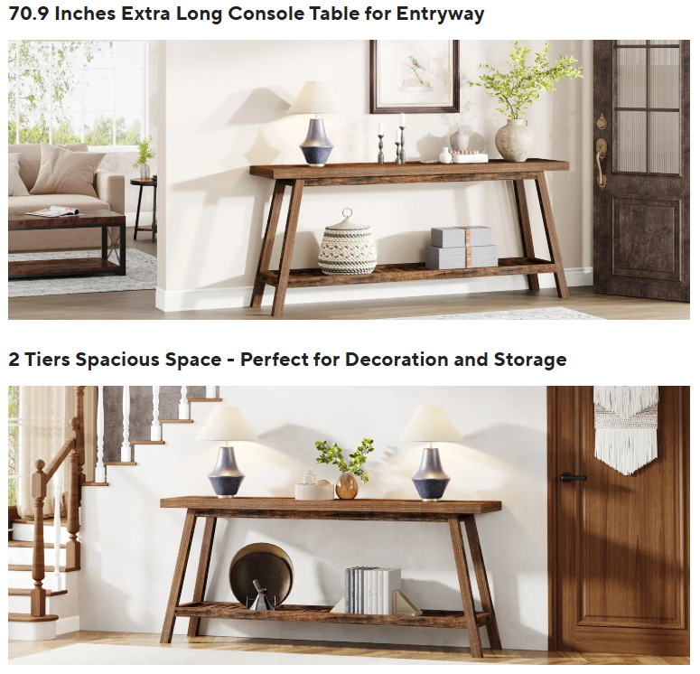 70.9 Inches All Wood Console Table for Entrance, 2 Tiers Narrow Long Behind Couch Sofa Table for Hallway, Living Room, Brown