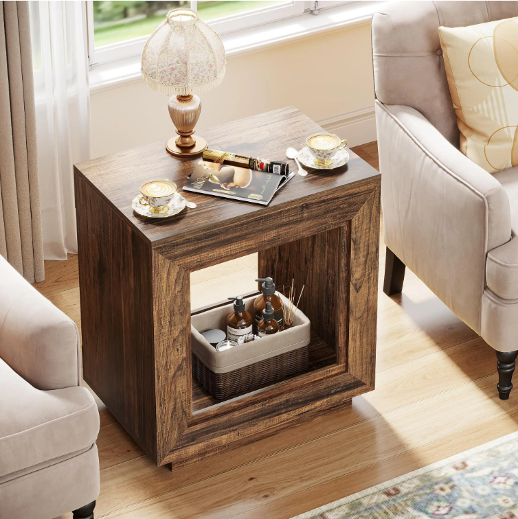 Rustic Wood End Table, 2 Tiered Square Side Table with Storage Shelf, Industrial Sofa Side Table for Living Room, Ent
