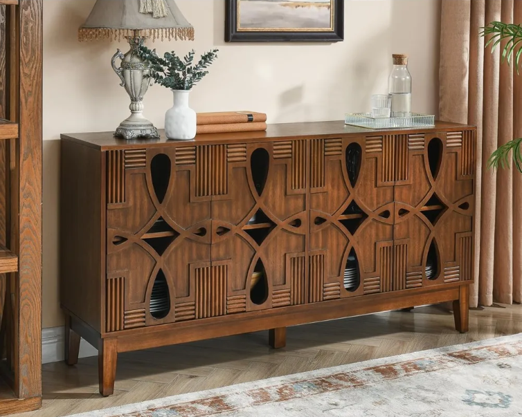 60" Mid Century Modern Sideboard Buffet with Hollow Carved Doors and Outlet Holes,Vintage Accent Cabinet Credenzas Storage Cabin
