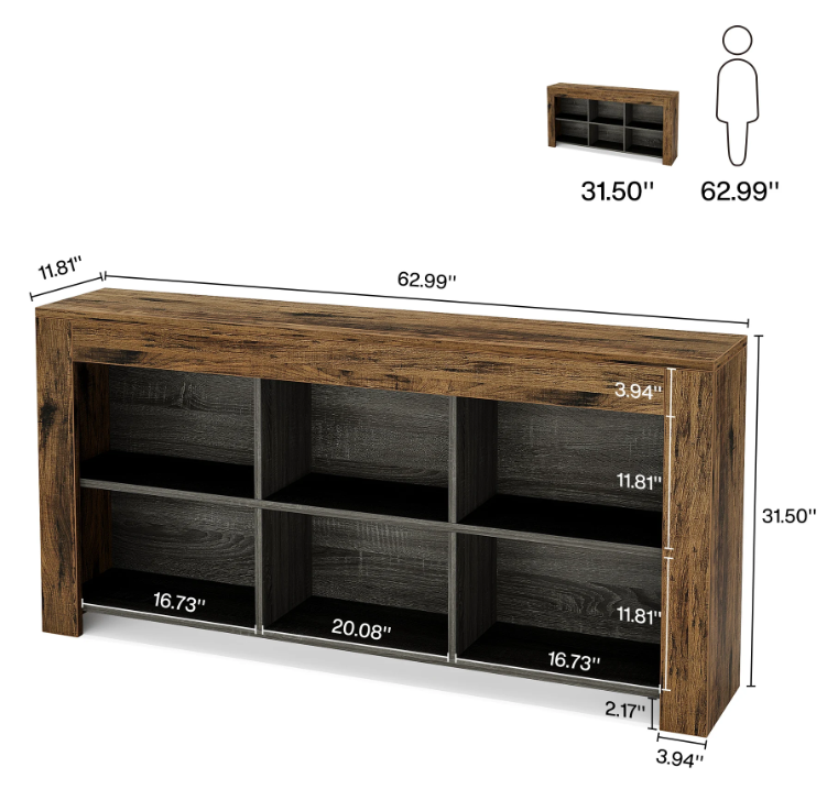 Long Console Table, Rustic Wood Entryway Table with 6 Storage Cubes, Industrial Narrow Sofa Table