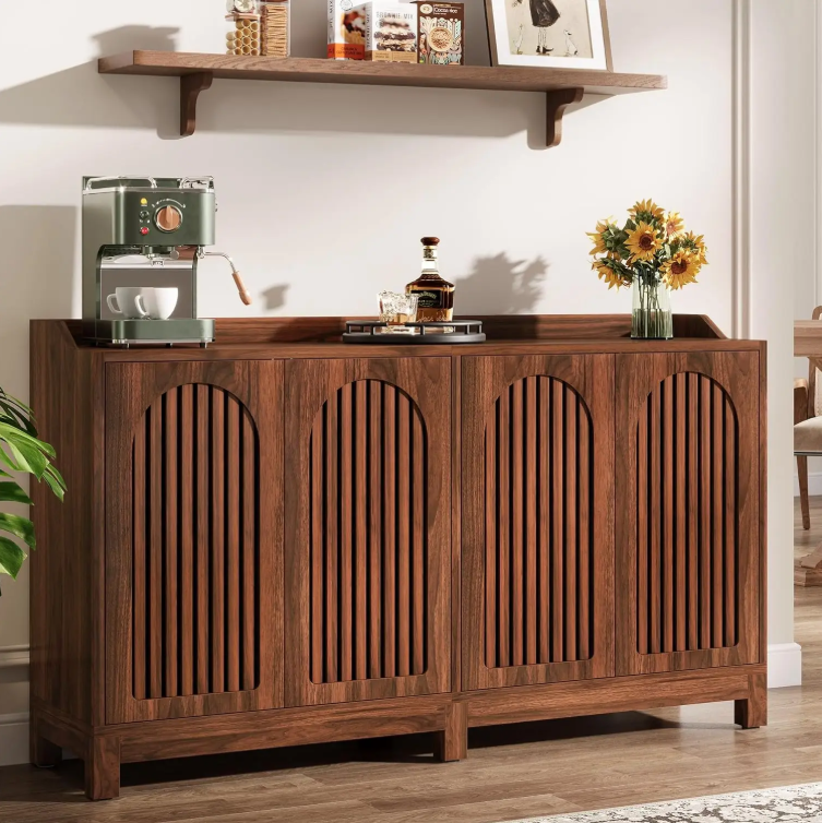 57" Buffet Cabinet with Storage, Walnut Farmhouse Sideboard Cabinet with Doors & Shelves for Dining Room, Kitchen, Living Room