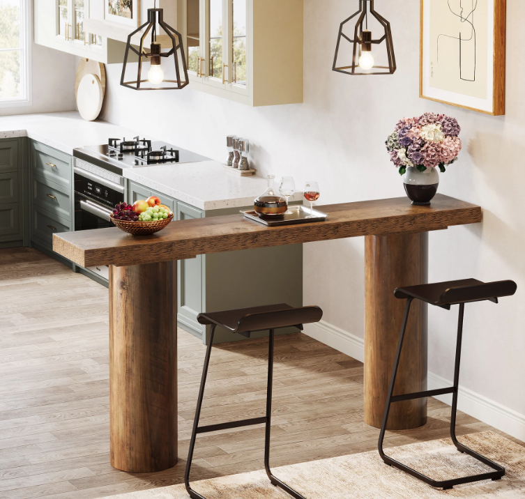 63" Long Bar Table, Rectangle Kitchen Counter Height Table with Pillar Legs, Narrow Bar Height Pub Table Behind Couch
