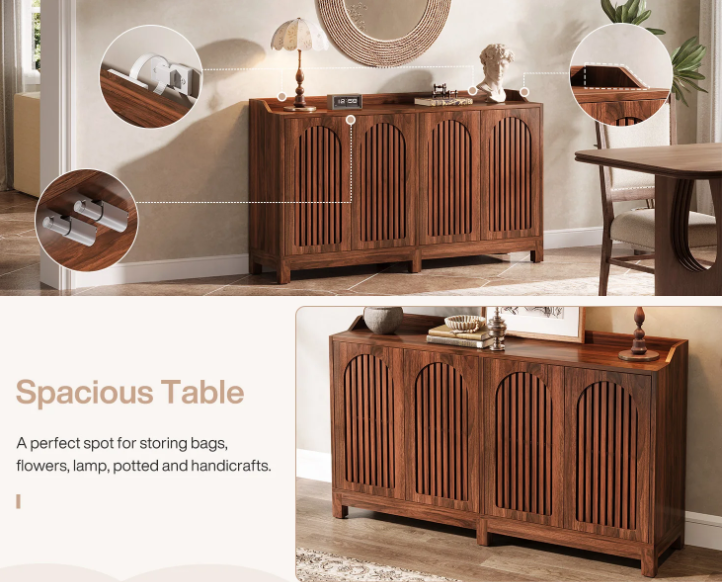 57" Buffet Cabinet with Storage, Walnut Farmhouse Sideboard Cabinet with Doors & Shelves for Dining Room, Kitchen, Living Room