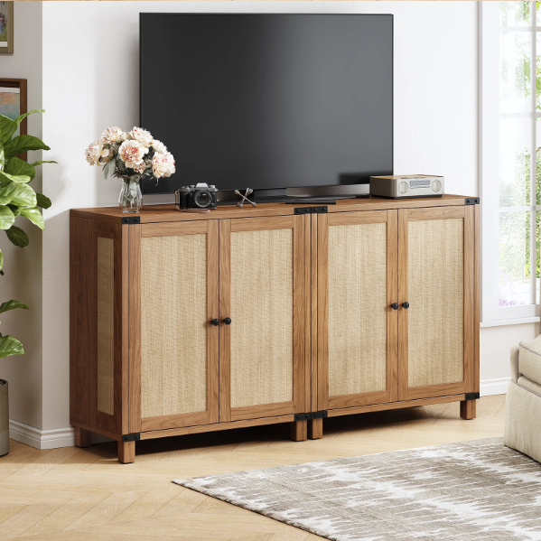 31.5" Rattan Style Credenza Sideboard Buffet Cabinet with 2 Soft-Close Doors & Adjustable Shelves for Living Room, Hallway