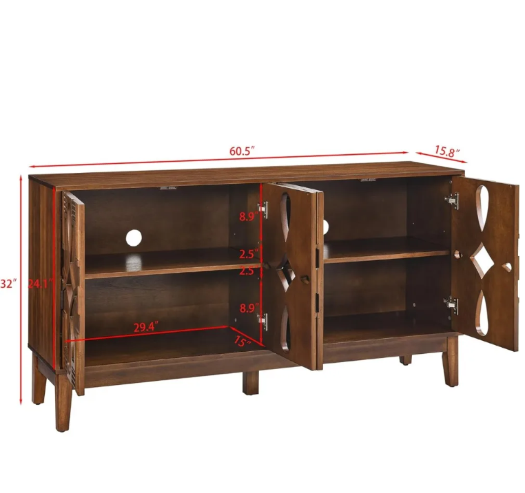 60" Mid Century Modern Sideboard Buffet with Hollow Carved Doors and Outlet Holes,Vintage Accent Cabinet Credenzas Storage Cabin