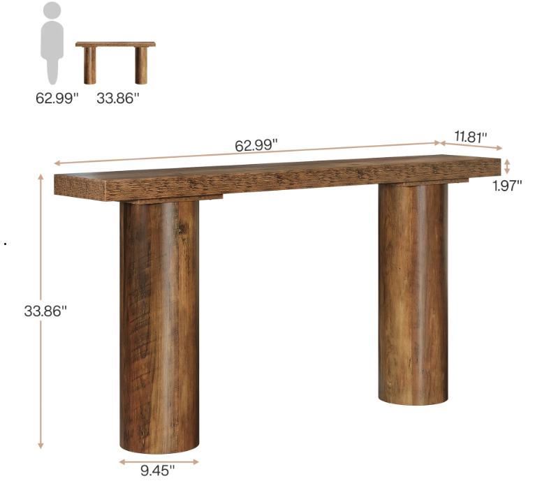 63" Long Bar Table, Rectangle Kitchen Counter Height Table with Pillar Legs, Narrow Bar Height Pub Table Behind Couch