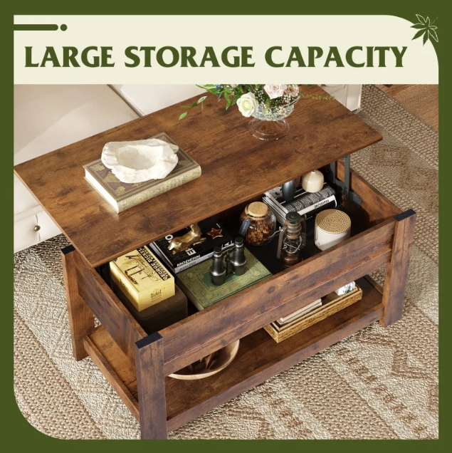 Lift Top Coffee Table with Hidden Compartment and Storage Shelf for Living Room Modern Wood Center Table