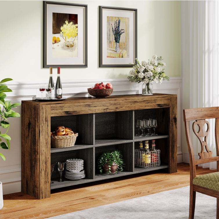 Long Console Table, Rustic Wood Entryway Table with 6 Storage Cubes, Industrial Narrow Sofa Table