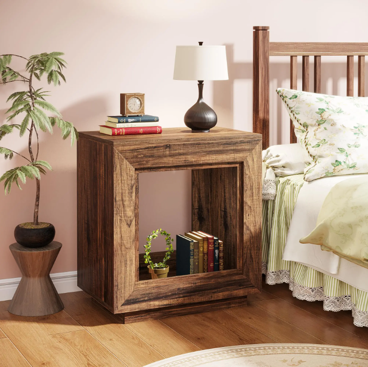 Rustic Wood End Table, 2 Tiered Square Side Table with Storage Shelf, Industrial Sofa Side Table for Living Room, Ent