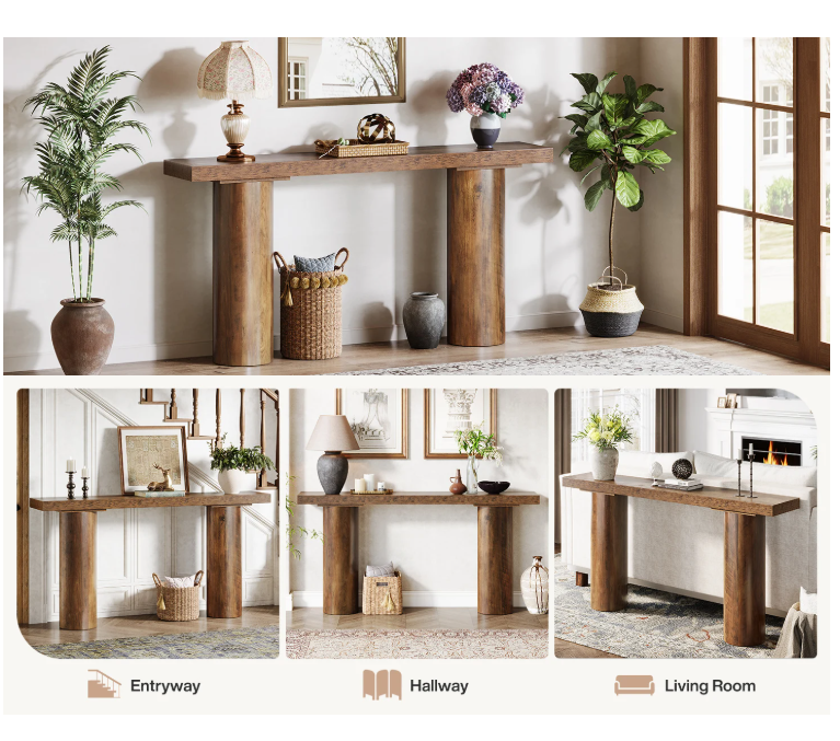 63" Long Bar Table, Rectangle Kitchen Counter Height Table with Pillar Legs, Narrow Bar Height Pub Table Behind Couch