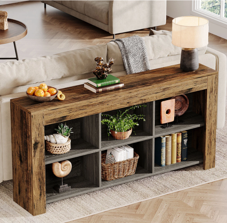 Long Console Table, Rustic Wood Entryway Table with 6 Storage Cubes, Industrial Narrow Sofa Table