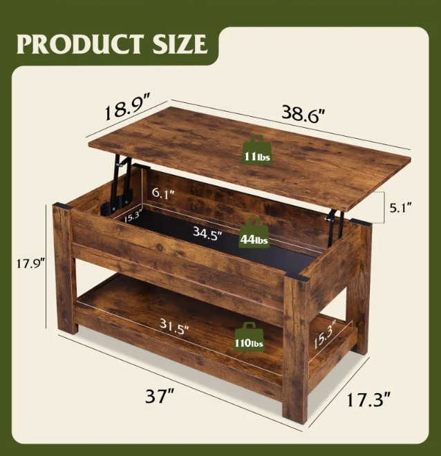 Lift Top Coffee Table with Hidden Compartment and Storage Shelf for Living Room Modern Wood Center Table