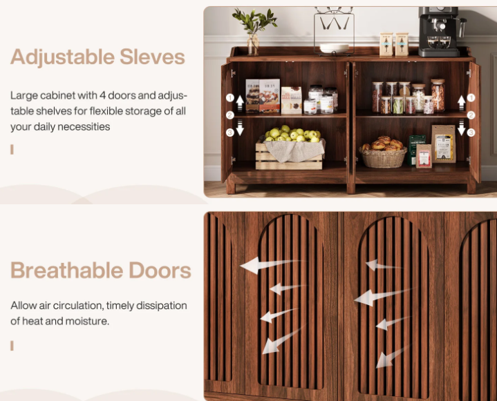 57" Buffet Cabinet with Storage, Walnut Farmhouse Sideboard Cabinet with Doors & Shelves for Dining Room, Kitchen, Living Room