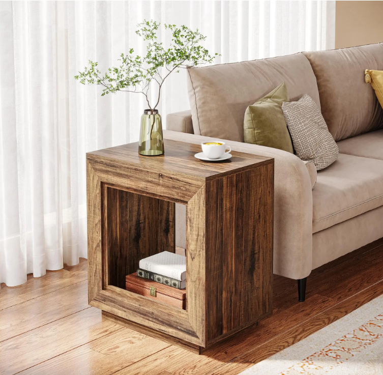 Rustic Wood End Table, 2 Tiered Square Side Table with Storage Shelf, Industrial Sofa Side Table for Living Room, Ent