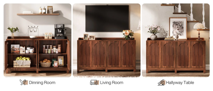 57" Buffet Cabinet with Storage, Walnut Farmhouse Sideboard Cabinet with Doors & Shelves for Dining Room, Kitchen, Living Room