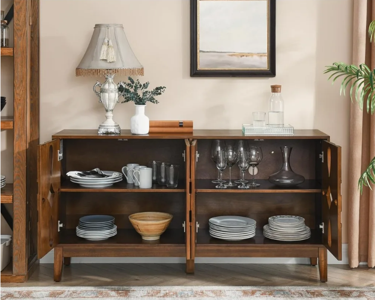 60" Mid Century Modern Sideboard Buffet with Hollow Carved Doors and Outlet Holes,Vintage Accent Cabinet Credenzas Storage Cabin