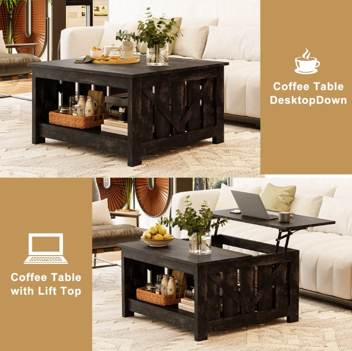 Lift Top Coffee Table with Storage Cabinet and 2 Compartments for Living Room, Black, 31.5''Hx31.5''W in