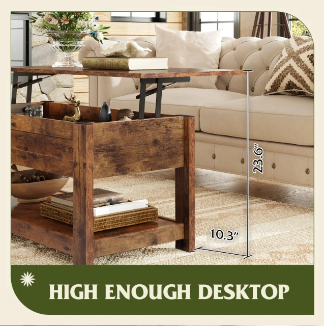 Lift Top Coffee Table with Hidden Compartment and Storage Shelf for Living Room Modern Wood Center Table