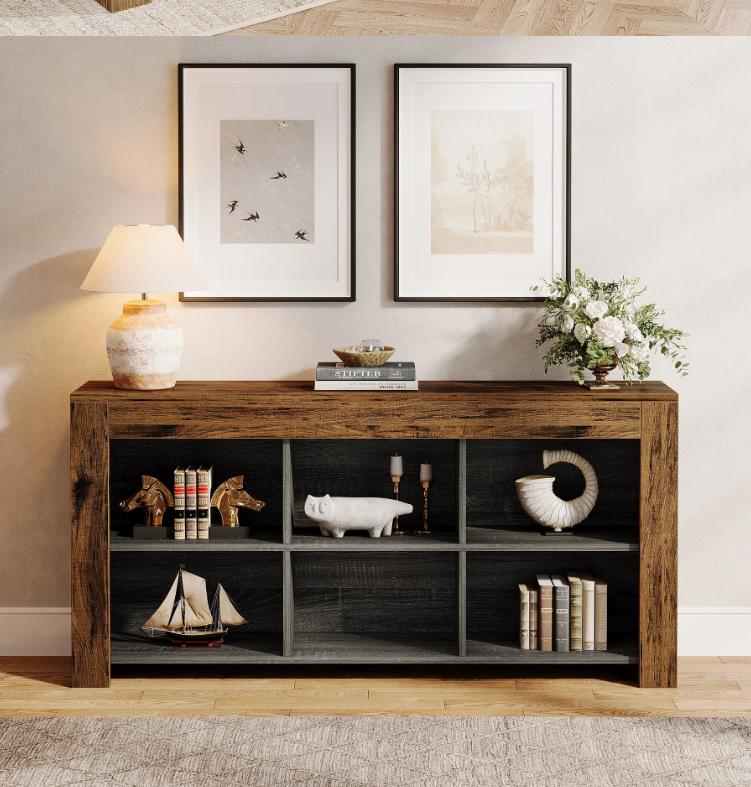 Long Console Table, Rustic Wood Entryway Table with 6 Storage Cubes, Industrial Narrow Sofa Table