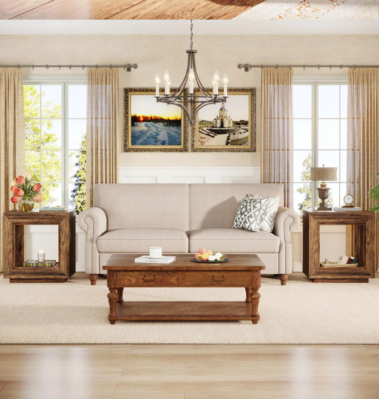 Rustic Wood End Table, 2 Tiered Square Side Table with Storage Shelf, Industrial Sofa Side Table for Living Room, Ent