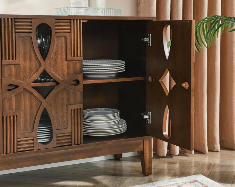 60" Mid Century Modern Sideboard Buffet with Hollow Carved Doors and Outlet Holes,Vintage Accent Cabinet Credenzas Storage Cabin
