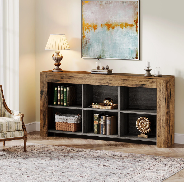 Long Console Table, Rustic Wood Entryway Table with 6 Storage Cubes, Industrial Narrow Sofa Table