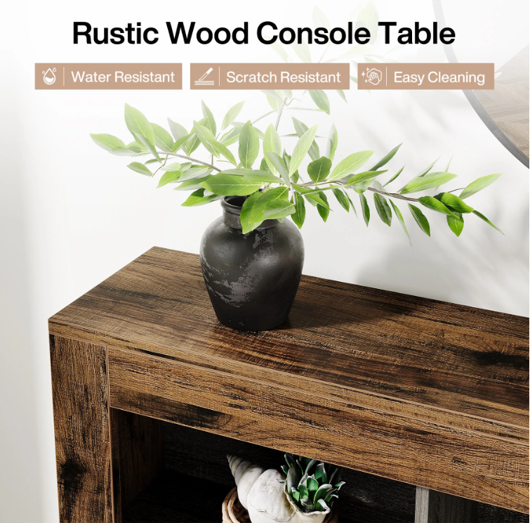 Long Console Table, Rustic Wood Entryway Table with 6 Storage Cubes, Industrial Narrow Sofa Table