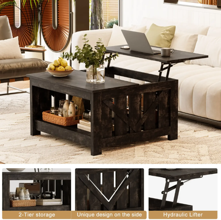 Lift Top Coffee Table with Storage Cabinet and 2 Compartments for Living Room, Black, 31.5''Hx31.5''W in