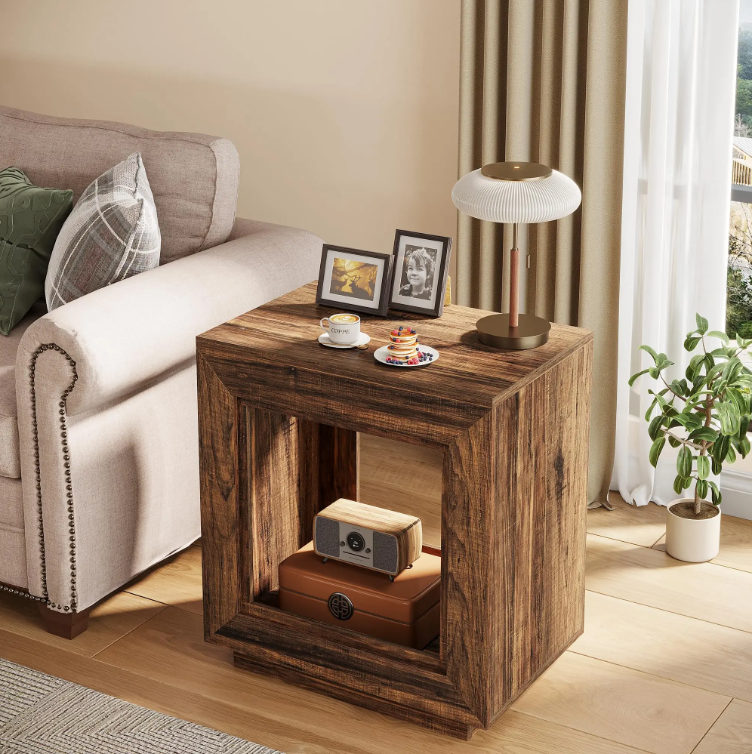 Rustic Wood End Table, 2 Tiered Square Side Table with Storage Shelf, Industrial Sofa Side Table for Living Room, Ent