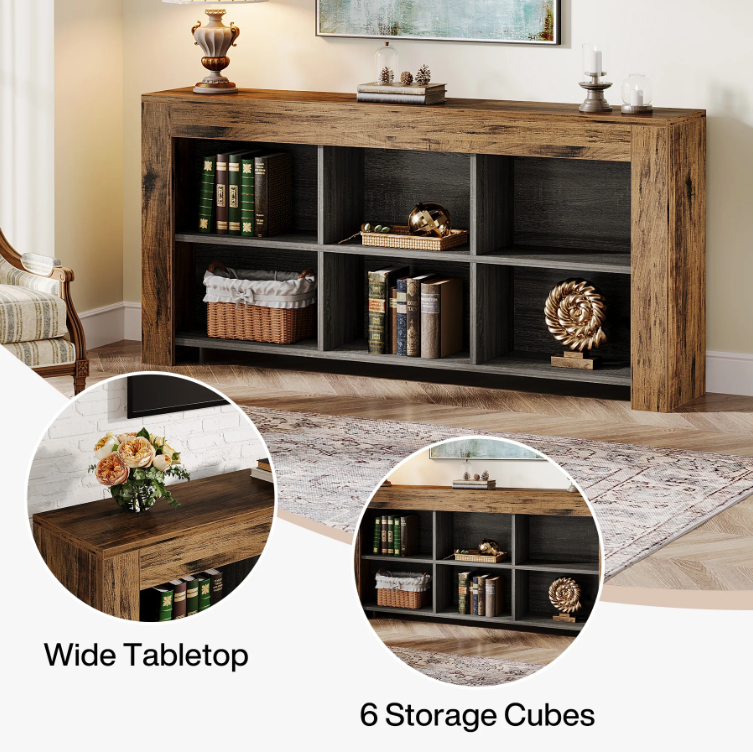 Long Console Table, Rustic Wood Entryway Table with 6 Storage Cubes, Industrial Narrow Sofa Table